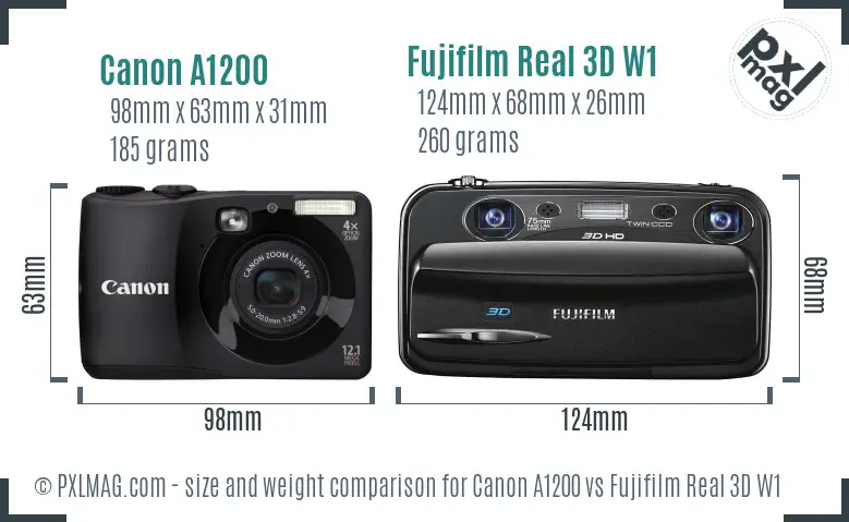 Canon A1200 vs Fujifilm Real 3D W1 size comparison