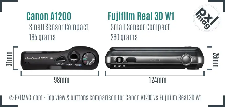 Canon A1200 vs Fujifilm Real 3D W1 top view buttons comparison