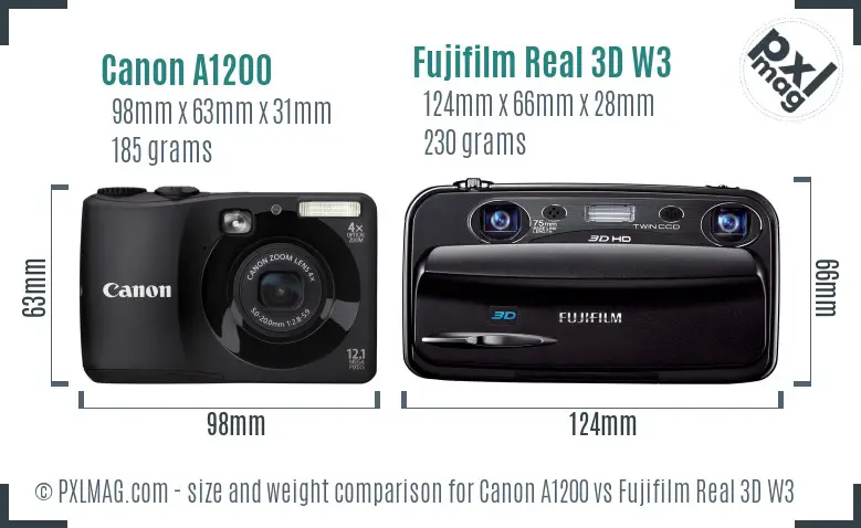 Canon A1200 vs Fujifilm Real 3D W3 size comparison