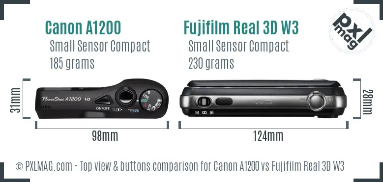 Canon A1200 vs Fujifilm Real 3D W3 top view buttons comparison