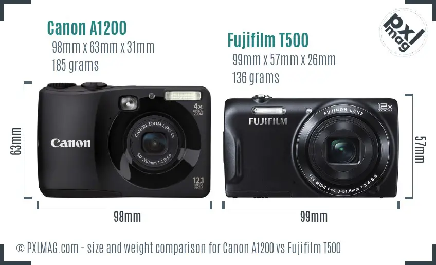 Canon A1200 vs Fujifilm T500 size comparison