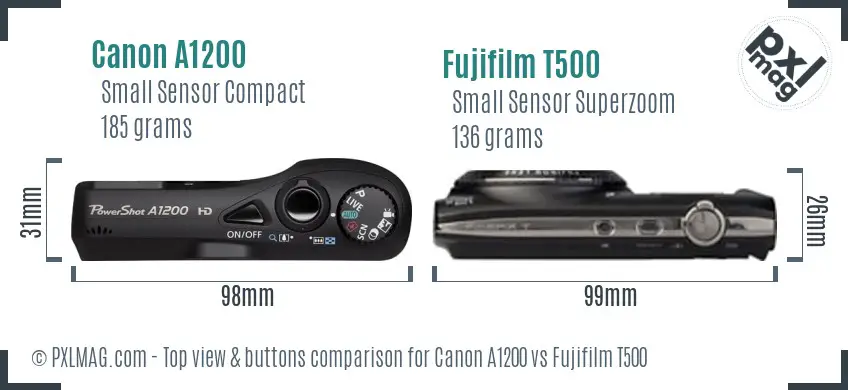 Canon A1200 vs Fujifilm T500 top view buttons comparison