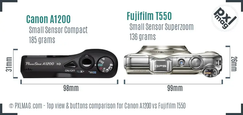 Canon A1200 vs Fujifilm T550 top view buttons comparison