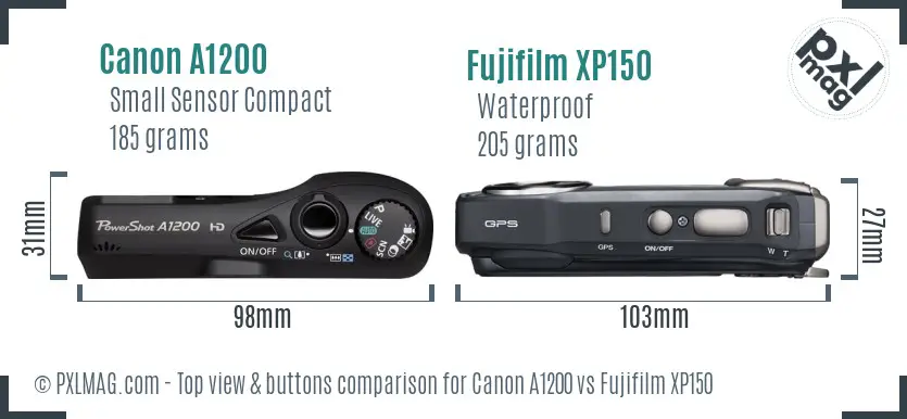 Canon A1200 vs Fujifilm XP150 top view buttons comparison