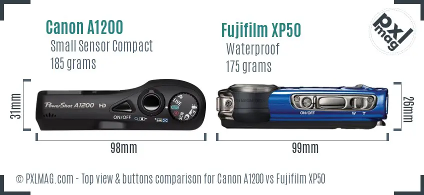 Canon A1200 vs Fujifilm XP50 top view buttons comparison