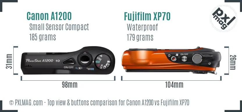 Canon A1200 vs Fujifilm XP70 top view buttons comparison