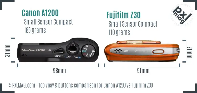 Canon A1200 vs Fujifilm Z30 top view buttons comparison