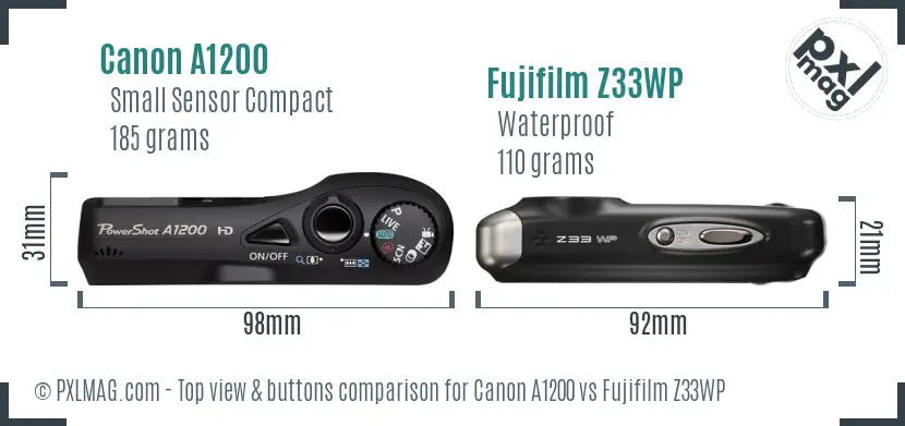 Canon A1200 vs Fujifilm Z33WP top view buttons comparison