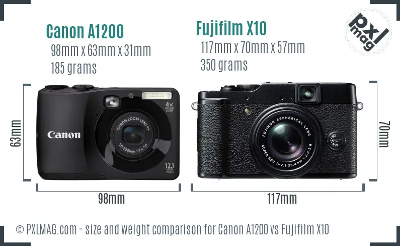 Canon A1200 vs Fujifilm X10 size comparison