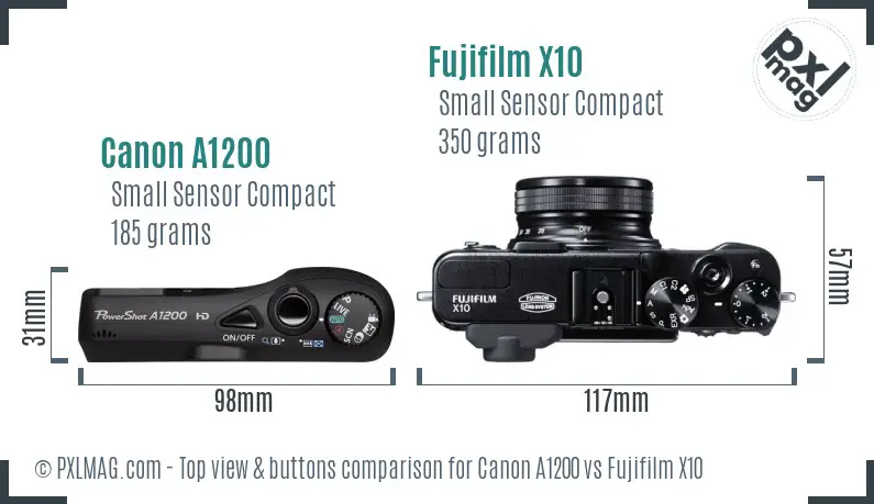 Canon A1200 vs Fujifilm X10 top view buttons comparison