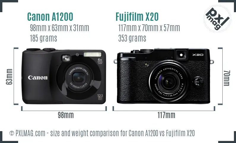 Canon A1200 vs Fujifilm X20 size comparison