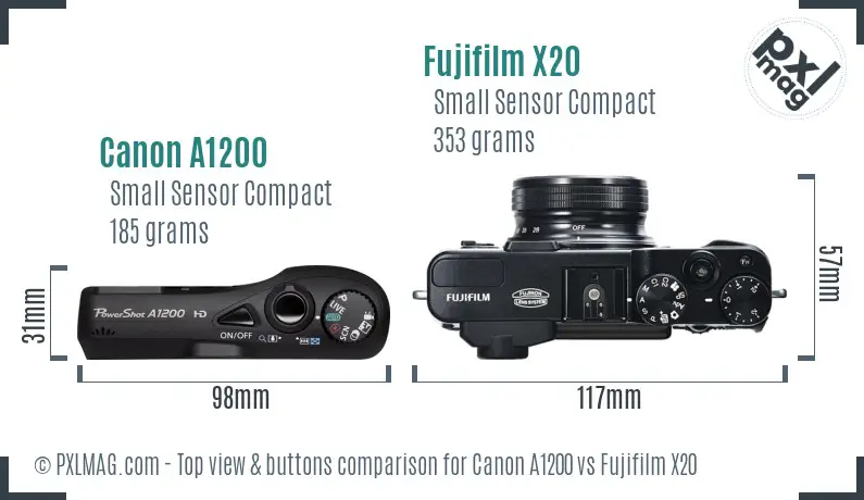 Canon A1200 vs Fujifilm X20 top view buttons comparison