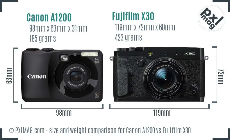 Canon A1200 vs Fujifilm X30 size comparison