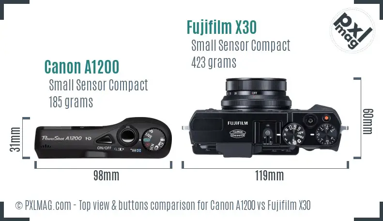 Canon A1200 vs Fujifilm X30 top view buttons comparison
