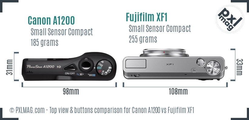 Canon A1200 vs Fujifilm XF1 top view buttons comparison
