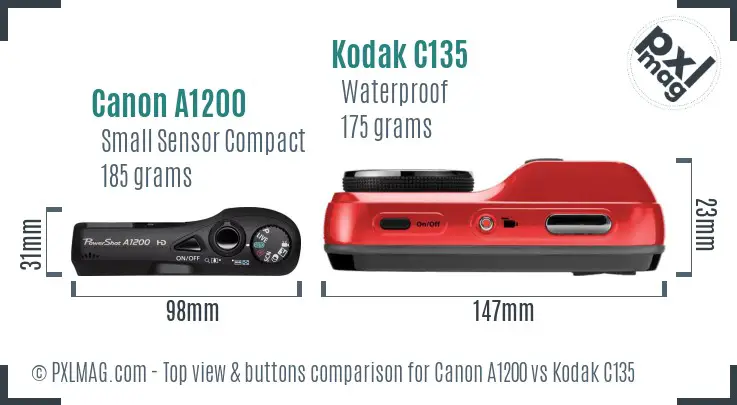 Canon A1200 vs Kodak C135 top view buttons comparison Canon A1200 vs Kodak C135 top view buttons comparison