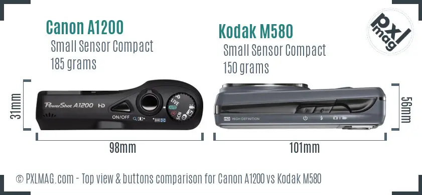 Canon A1200 vs Kodak M580 top view buttons comparison