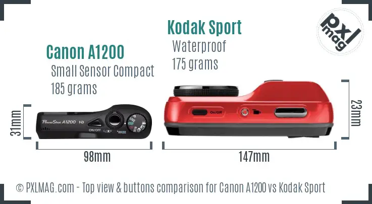 Canon A1200 vs Kodak Sport top view buttons comparison Canon A1200 vs Kodak Sport top view buttons comparison