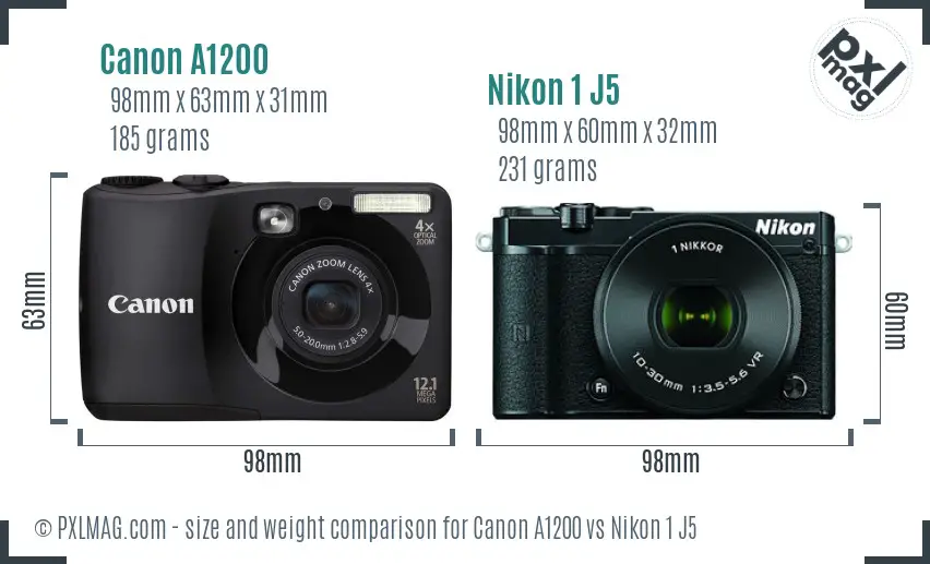 Canon A1200 vs Nikon 1 J5 size comparison