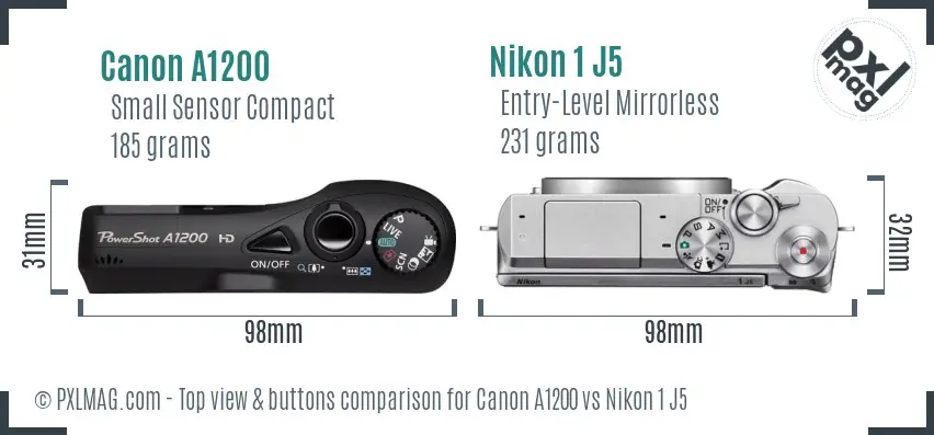 Canon A1200 vs Nikon 1 J5 top view buttons comparison