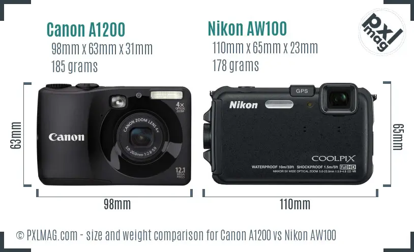 Canon A1200 vs Nikon AW100 size comparison