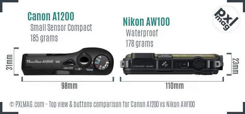 Canon A1200 vs Nikon AW100 top view buttons comparison