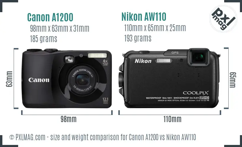 Canon A1200 vs Nikon AW110 size comparison