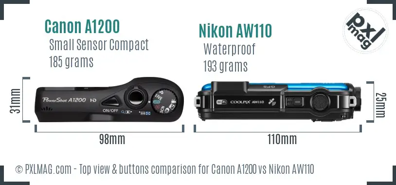 Canon A1200 vs Nikon AW110 top view buttons comparison