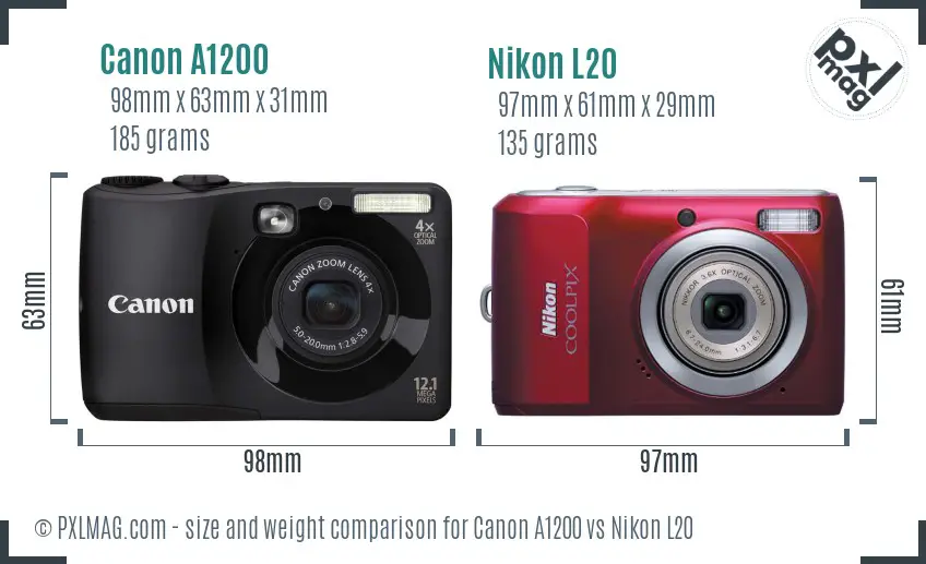 Canon A1200 vs Nikon L20 size comparison