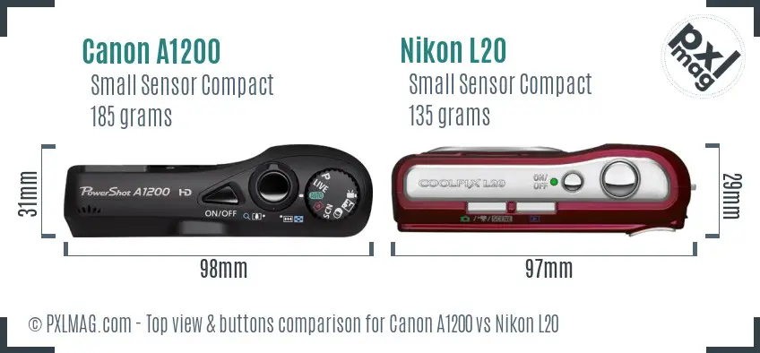 Canon A1200 vs Nikon L20 top view buttons comparison