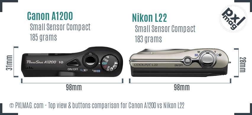 Canon A1200 vs Nikon L22 top view buttons comparison