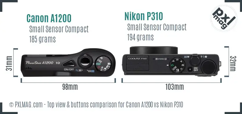 Canon A1200 vs Nikon P310 top view buttons comparison