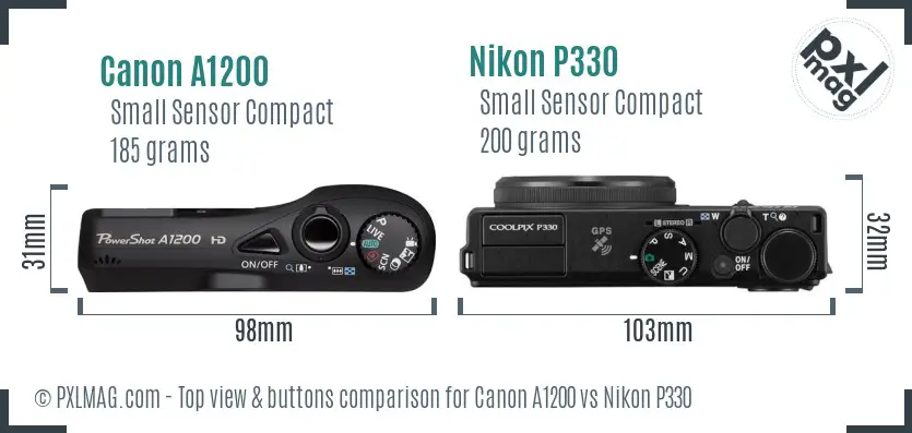Canon A1200 vs Nikon P330 top view buttons comparison