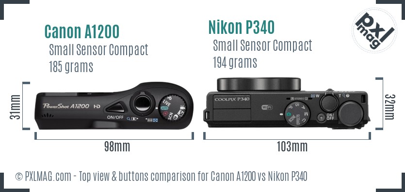 Canon A1200 vs Nikon P340 top view buttons comparison