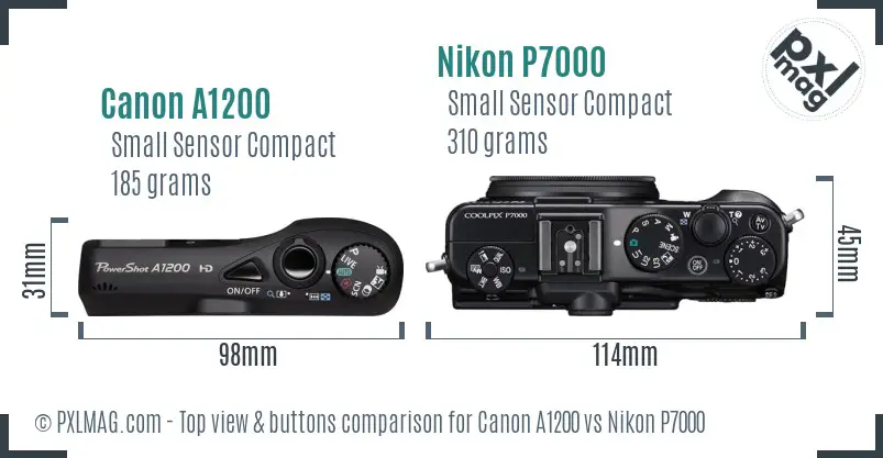 Canon A1200 vs Nikon P7000 top view buttons comparison