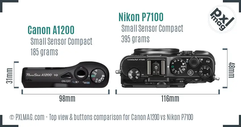 Canon A1200 vs Nikon P7100 top view buttons comparison