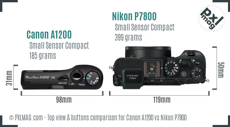 Canon A1200 vs Nikon P7800 top view buttons comparison