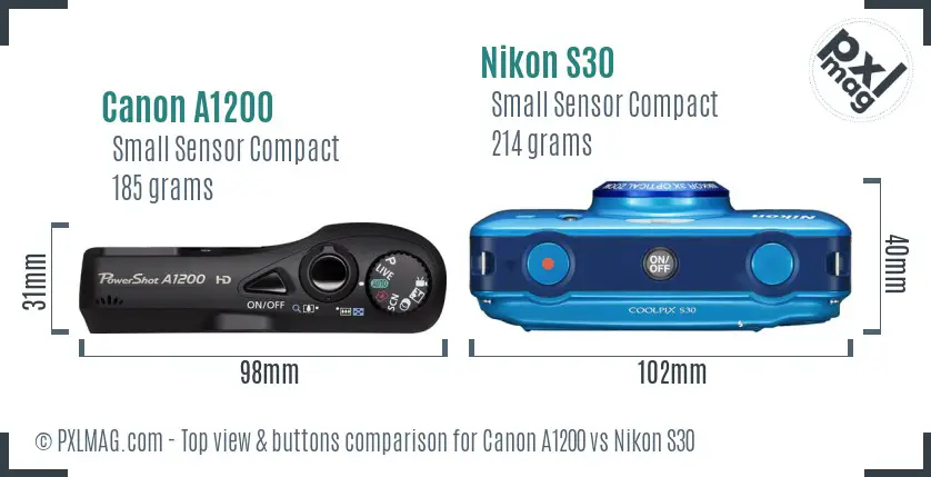 Canon A1200 vs Nikon S30 top view buttons comparison