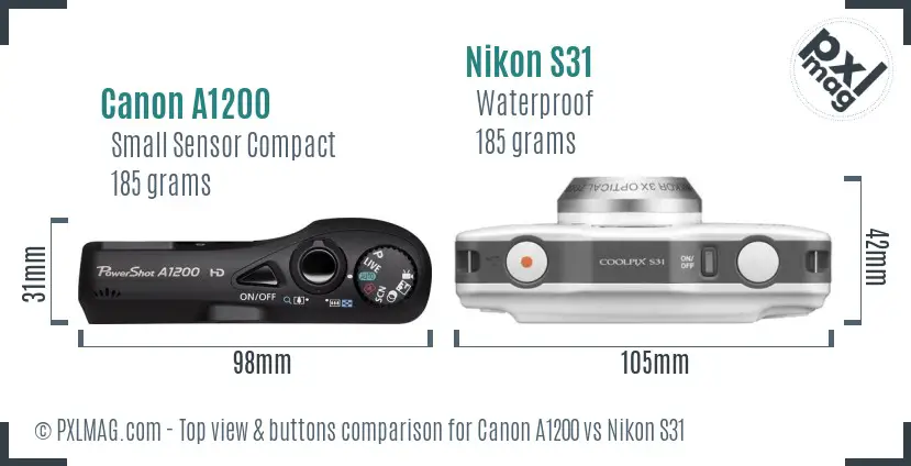 Canon A1200 vs Nikon S31 top view buttons comparison Canon A1200 vs Nikon S31 top view buttons comparison