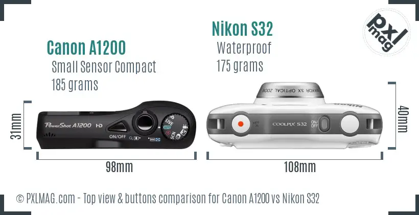 Canon A1200 vs Nikon S32 top view buttons comparison