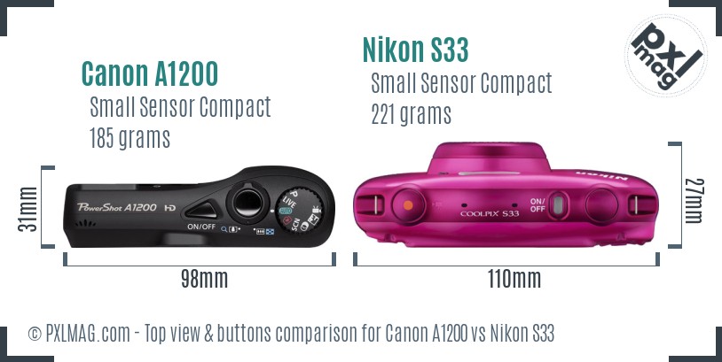 Canon A1200 vs Nikon S33 top view buttons comparison