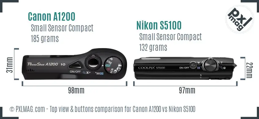 Canon A1200 vs Nikon S5100 top view buttons comparison