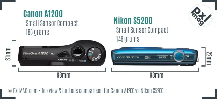 Canon A1200 vs Nikon S5200 top view buttons comparison