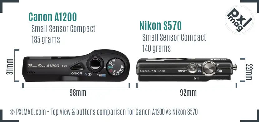 Canon A1200 vs Nikon S570 top view buttons comparison