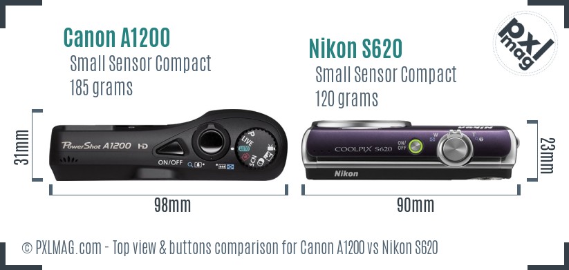 Canon A1200 vs Nikon S620 top view buttons comparison
