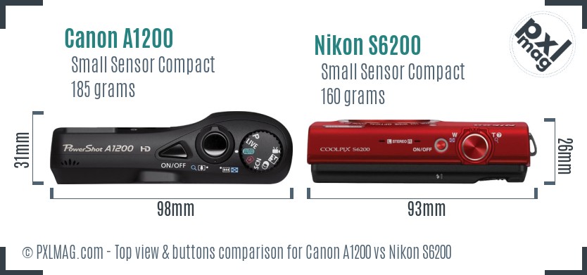 Canon A1200 vs Nikon S6200 top view buttons comparison