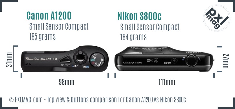 Canon A1200 vs Nikon S800c top view buttons comparison