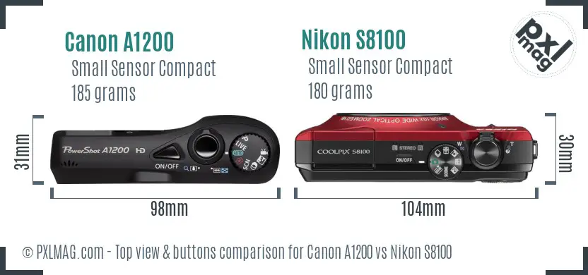 Canon A1200 vs Nikon S8100 top view buttons comparison