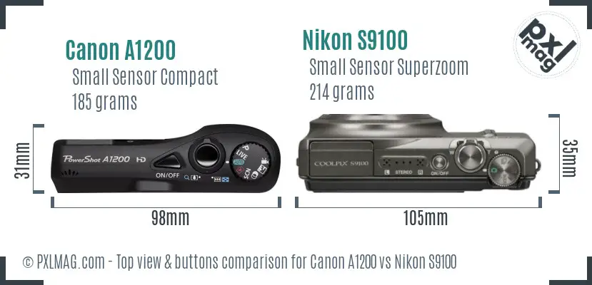 Canon A1200 vs Nikon S9100 top view buttons comparison