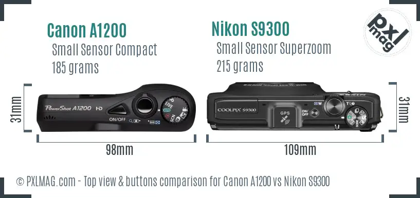 Canon A1200 vs Nikon S9300 top view buttons comparison